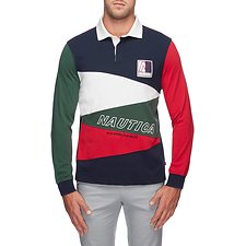 Image of Nautica CHERRY RED BLUE WATER CHALLENGE DIAGONAL PIECED RUGBY SHIRT